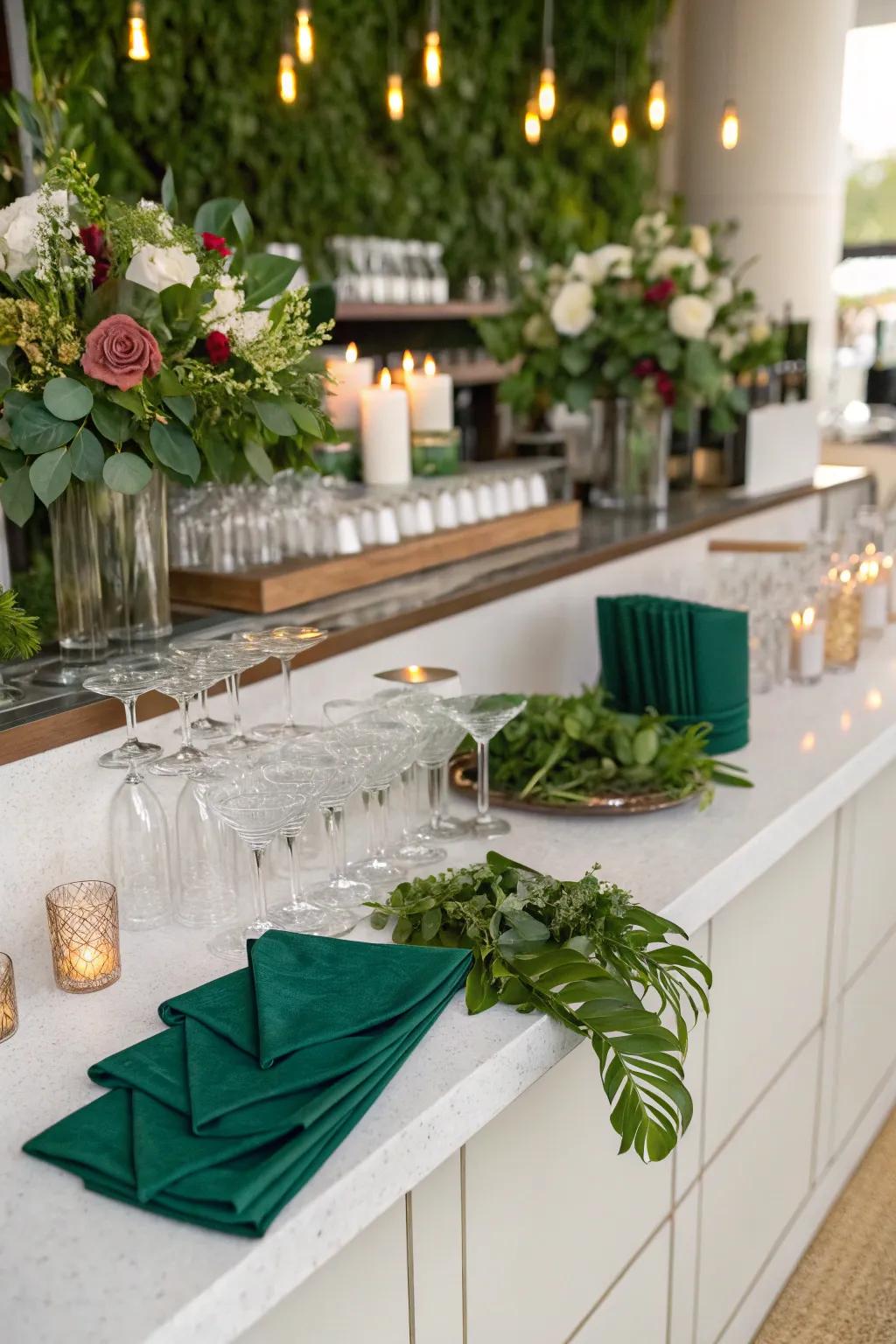 A stylish bar area with emerald details.
