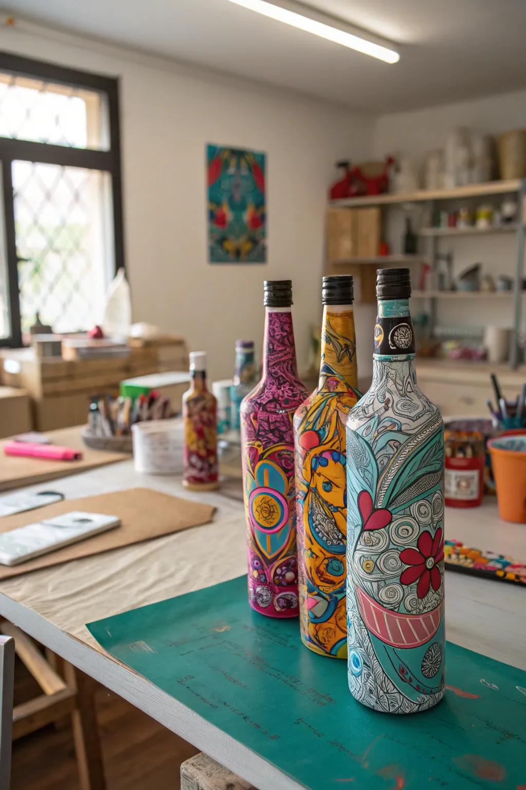 Add vibrant designs to bottles using water art methods.