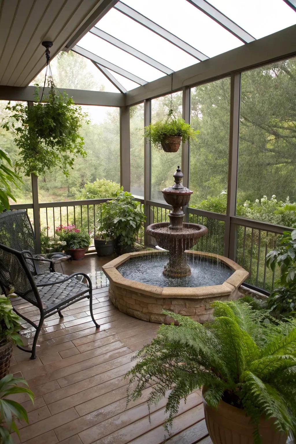 A calming water feature enhancing a sheltered patio.