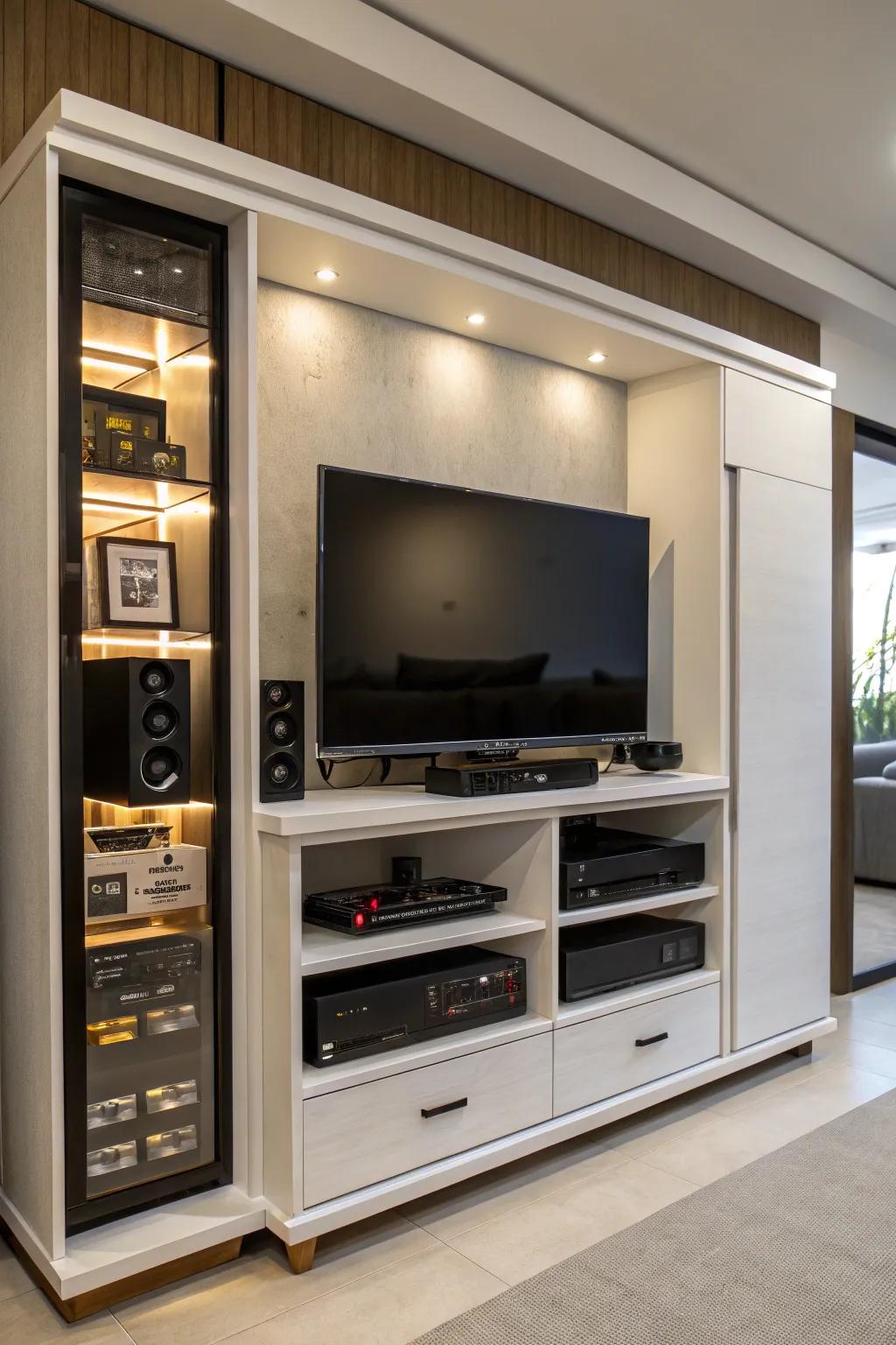 An entertainment center with clever concealment solutions.