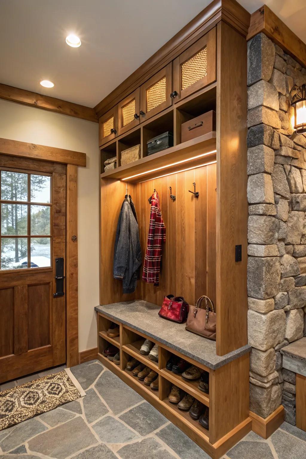 Natural materials create a cozy, earthy atmosphere.