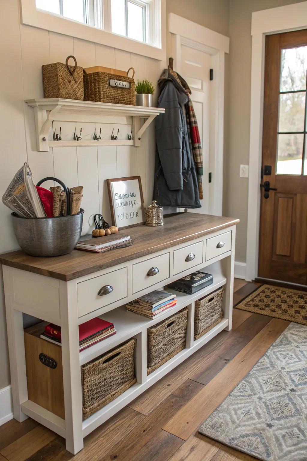 A console table enhances utility and introduces a hint of class to this mudroom.