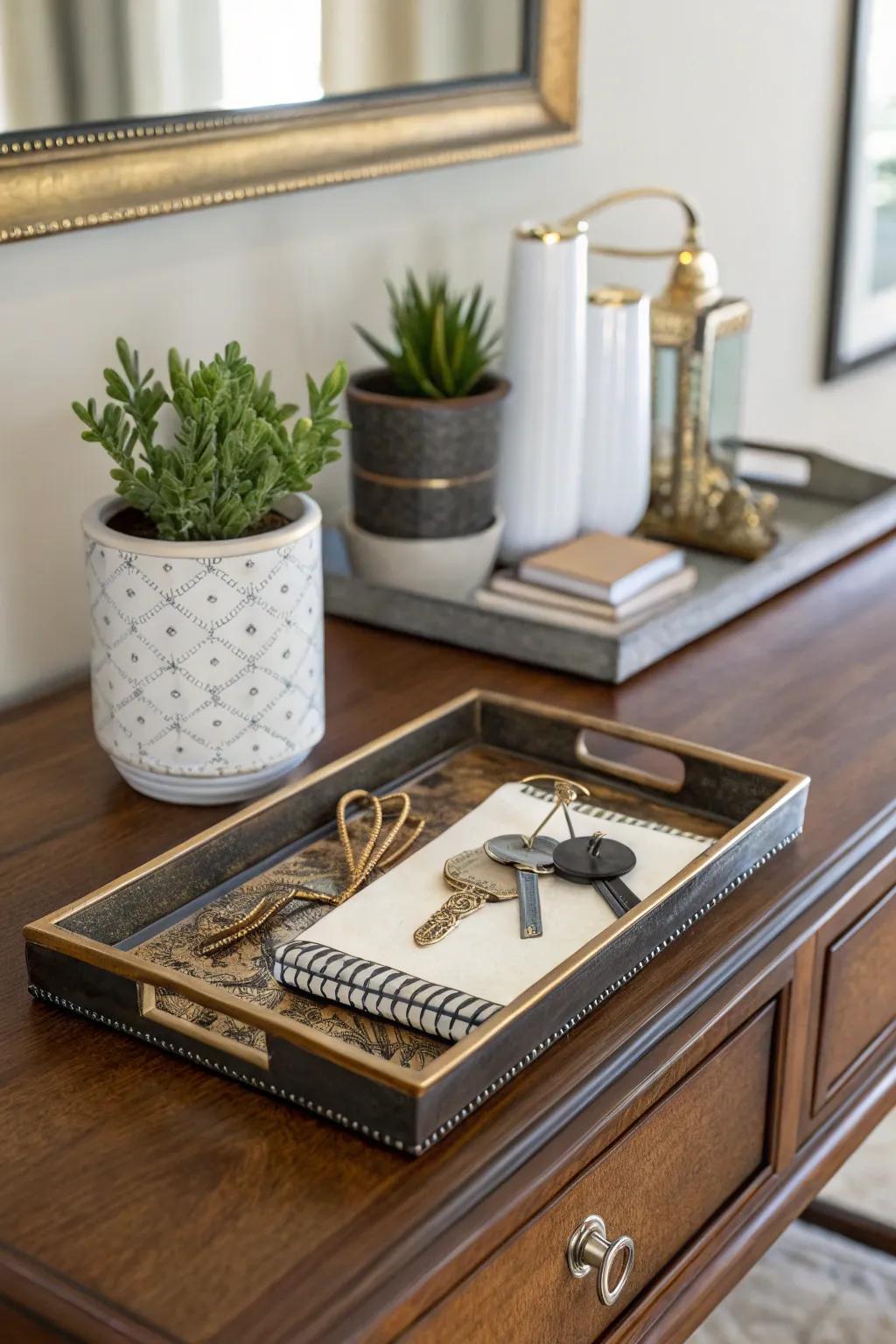 An entryway tray keeps daily essentials organized and accessible.
