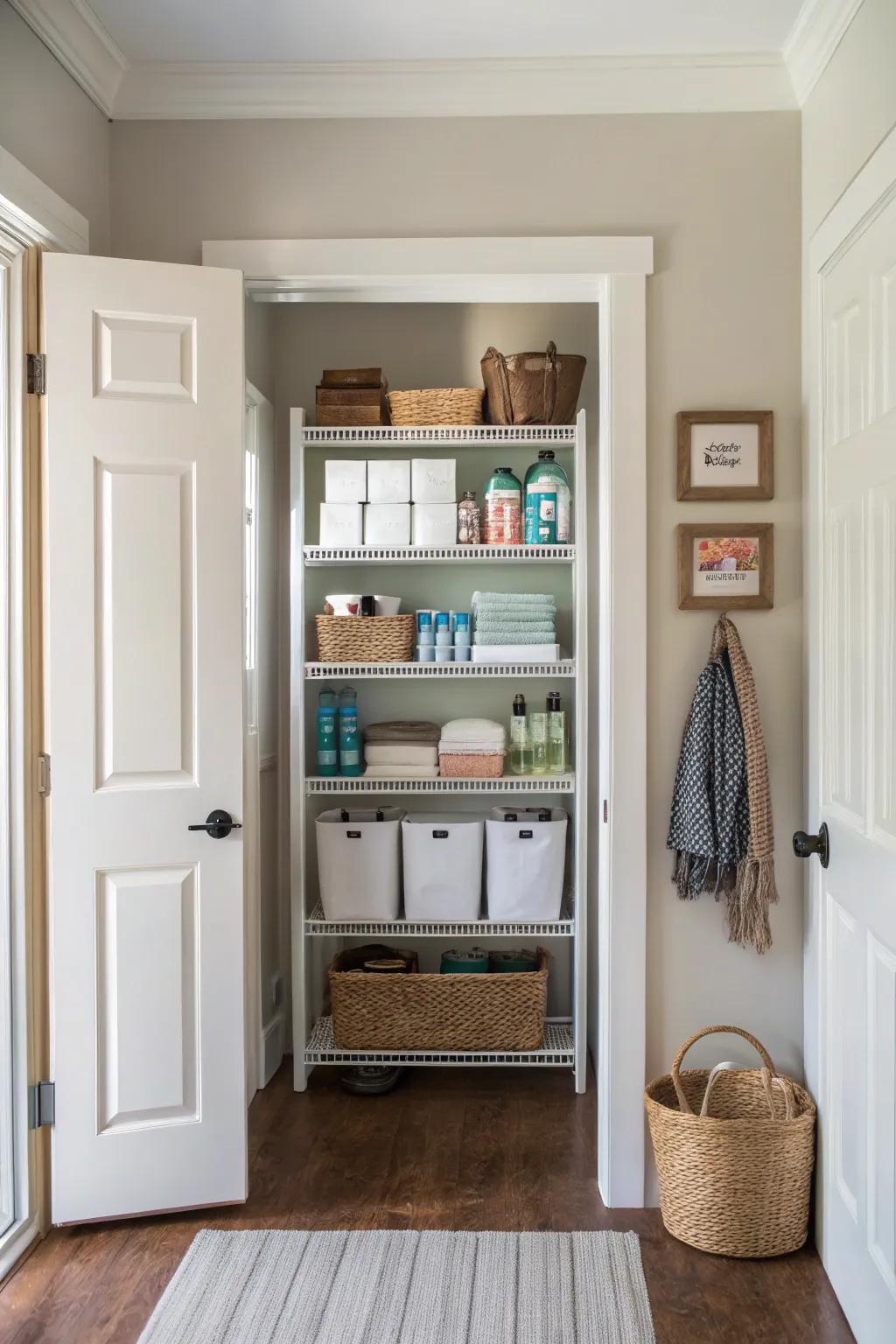 Shelving above the door offers additional storage solutions.