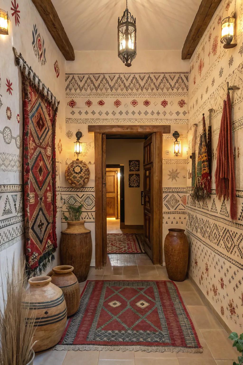 Worldly entryway featuring cultural patterned wallpaper that showcases global influences.