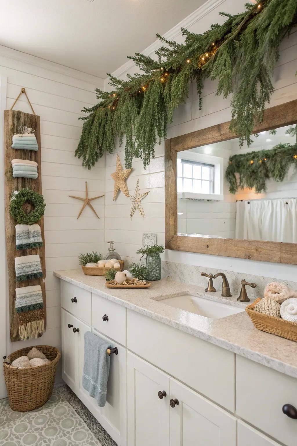 A coastal swag featuring seashells in a bathroom.