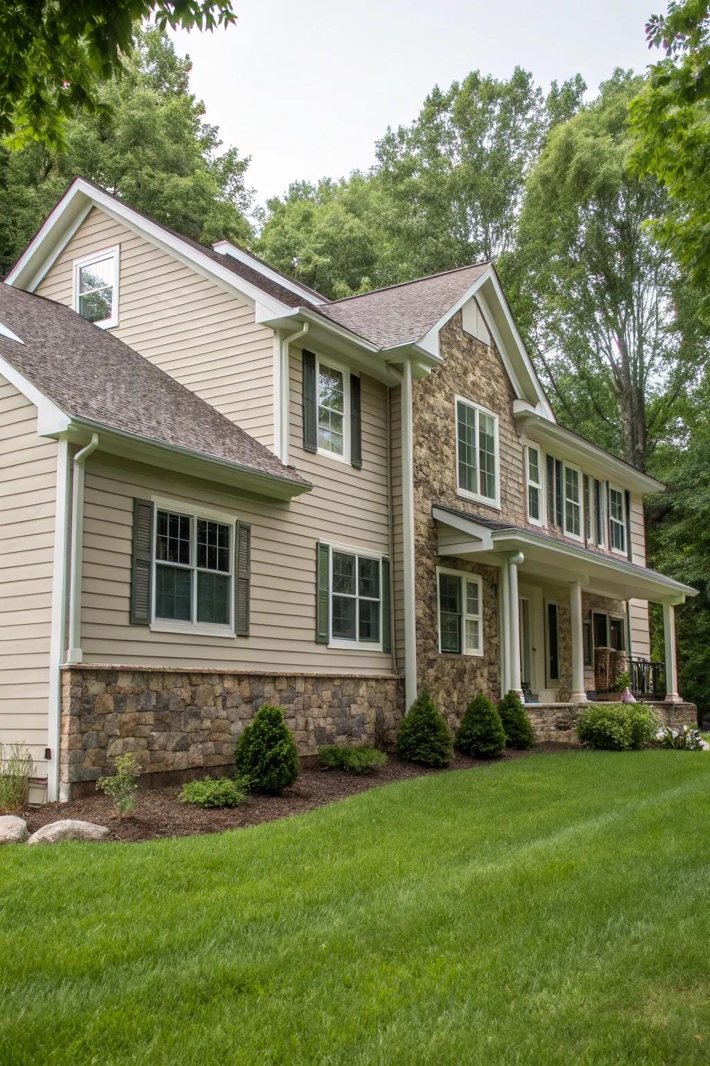 Organic rock adds a rustic elegance to window exteriors.
