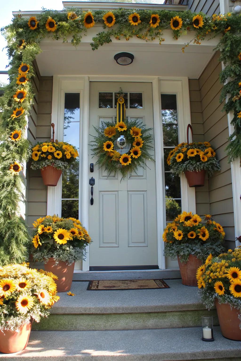 Sun blooms bring a burst of color and warmth to the fall decor.