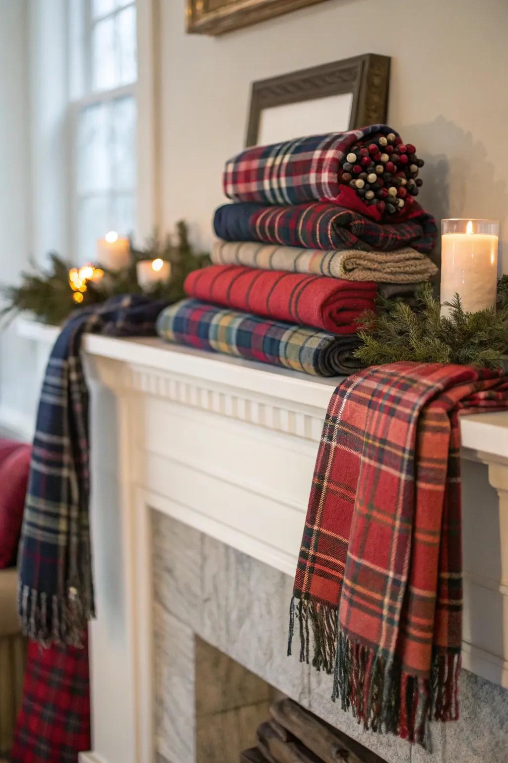 A cozy fall mantel with tartan textiles.