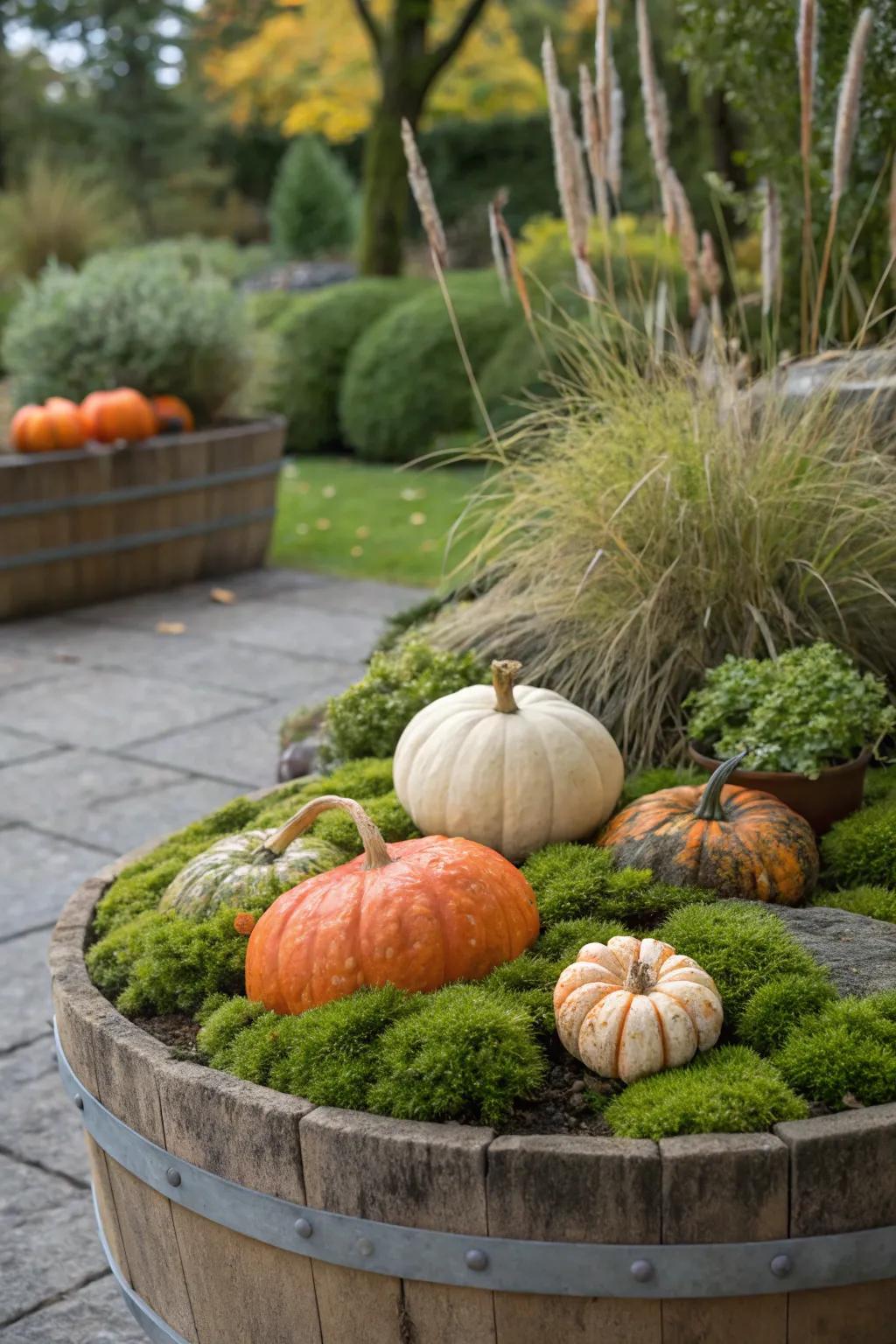 A moss bed delivers a lavish, earthy foundation for gourds.