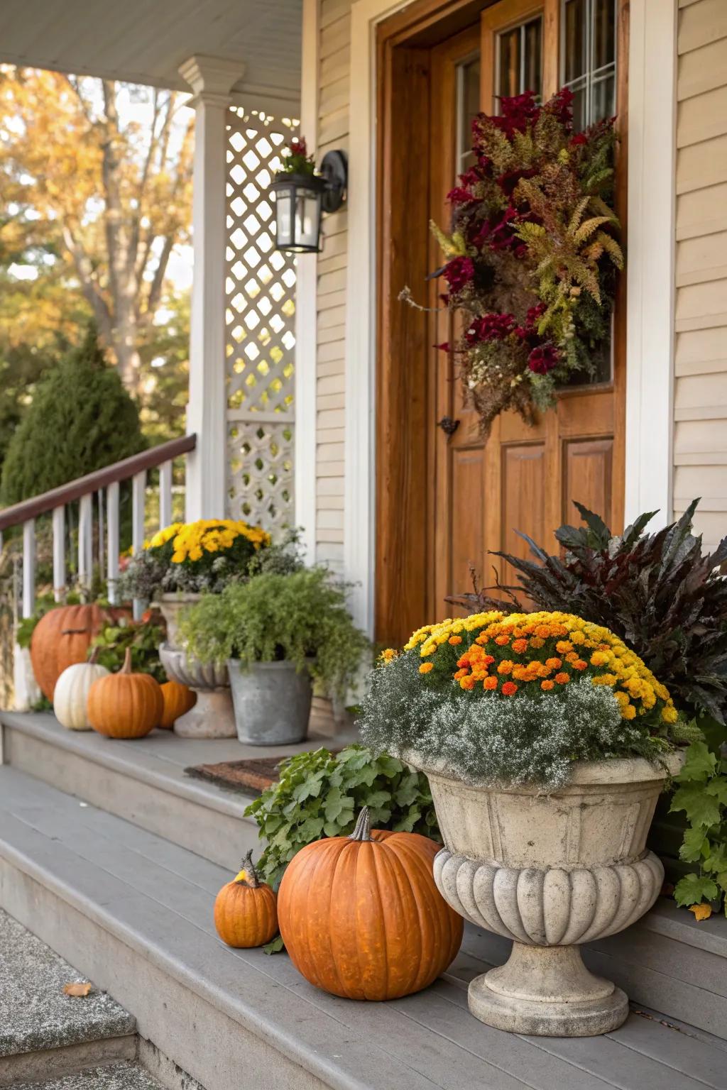 Reused pots filled with seasonal plants provide a fresh fall look.