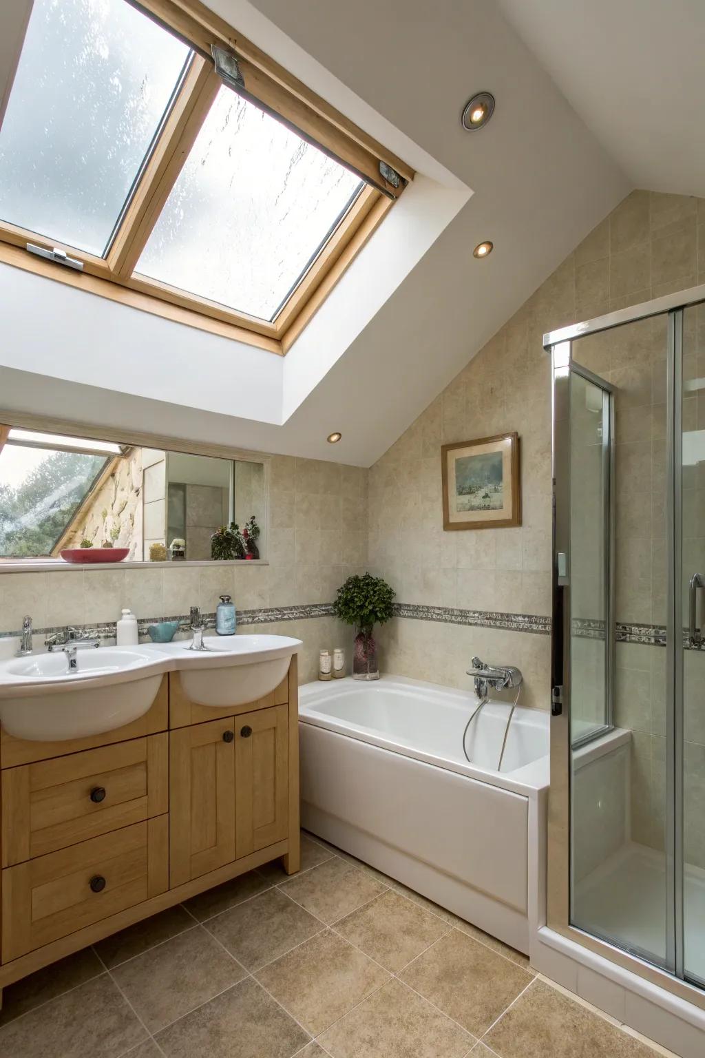 The skylight enhances the bathroom's inherent beauty.