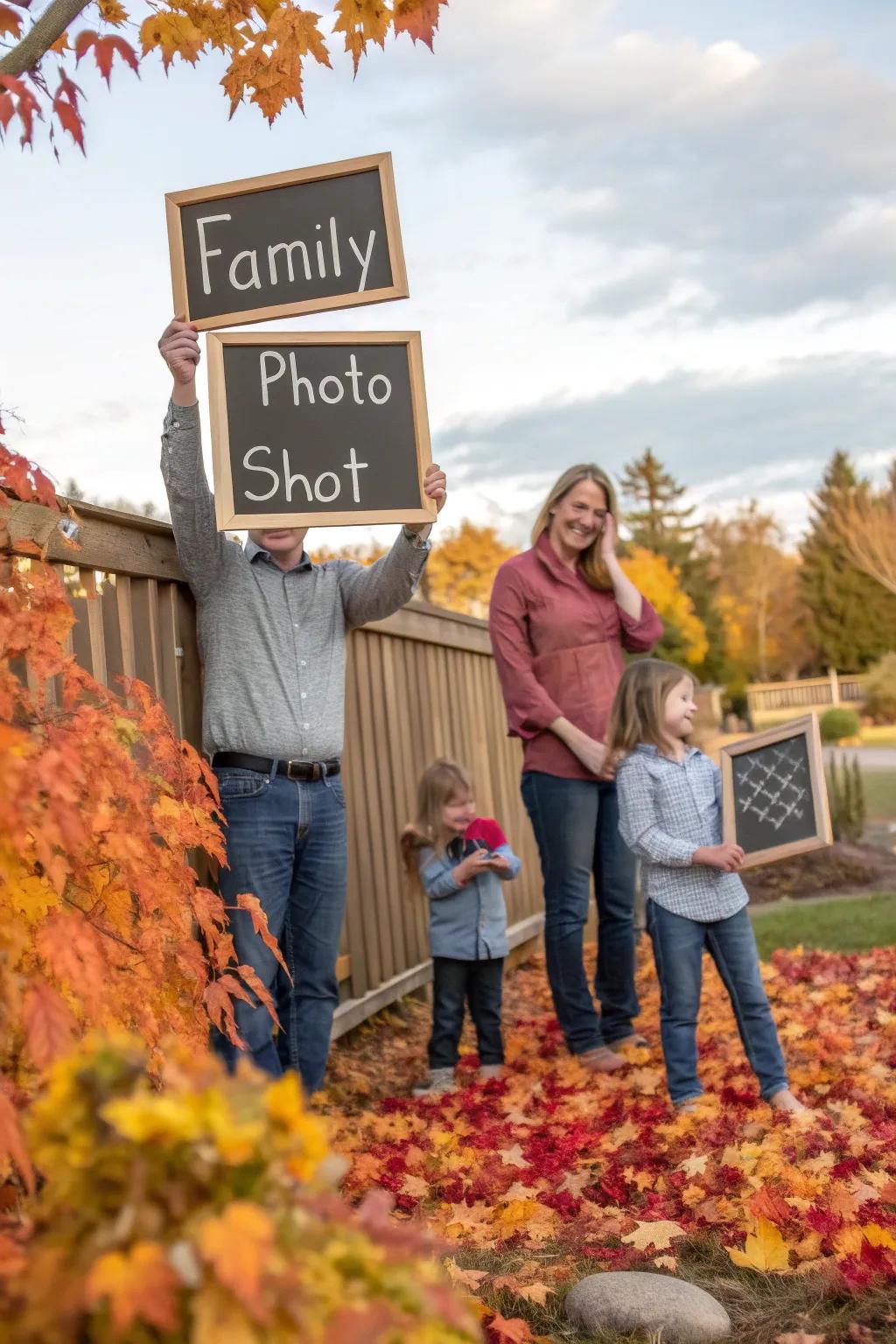 Writing board signs introduce a personal and creative element to family images.