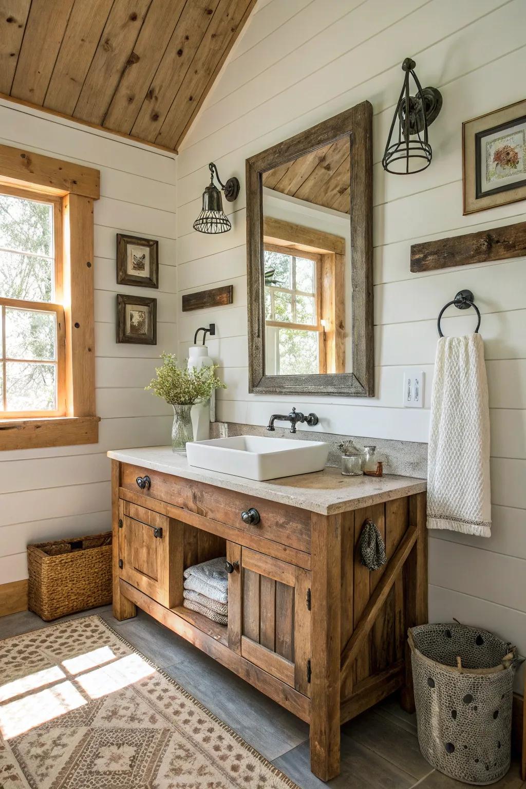 Reclaimed wood gives the bathroom a feeling of history and warmth.