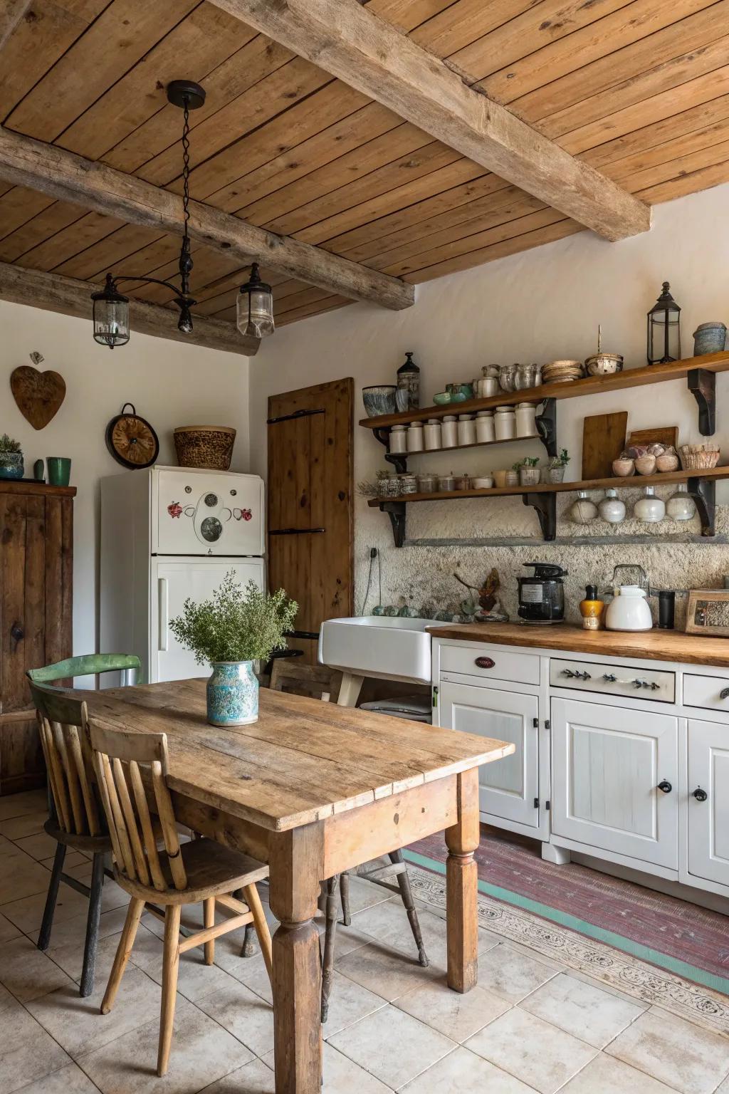Lumber boards add warmth and texture to this farmhouse kitchen ceiling.