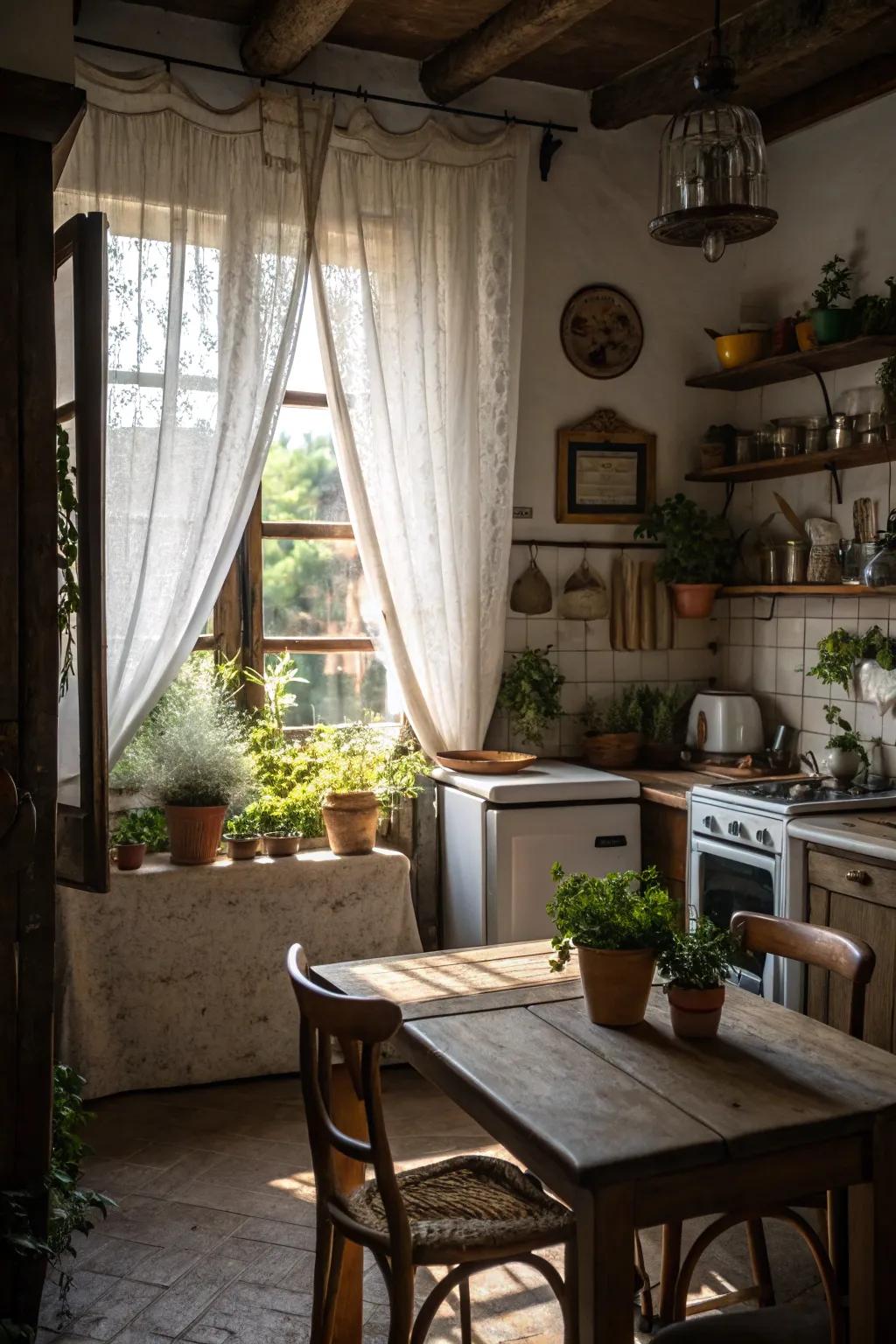 Quaint cafe panels enhancing the country charm of a farmhouse kitchen.