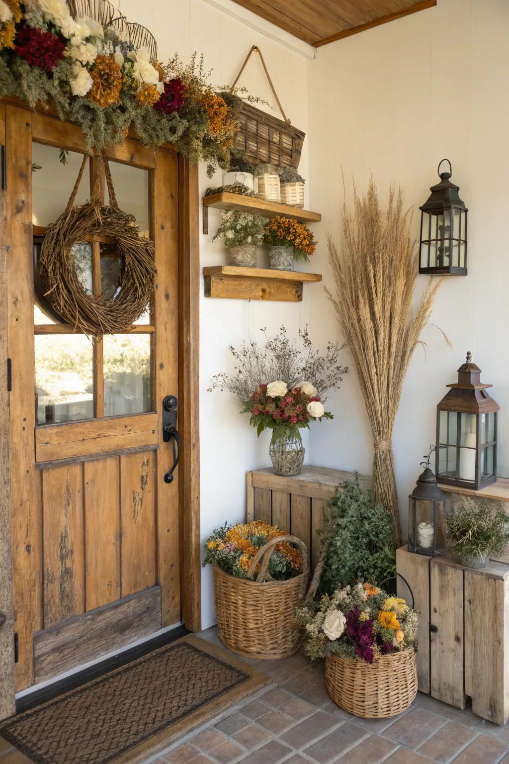 An elegant countryside entryway featuring desiccated flower arrangements.