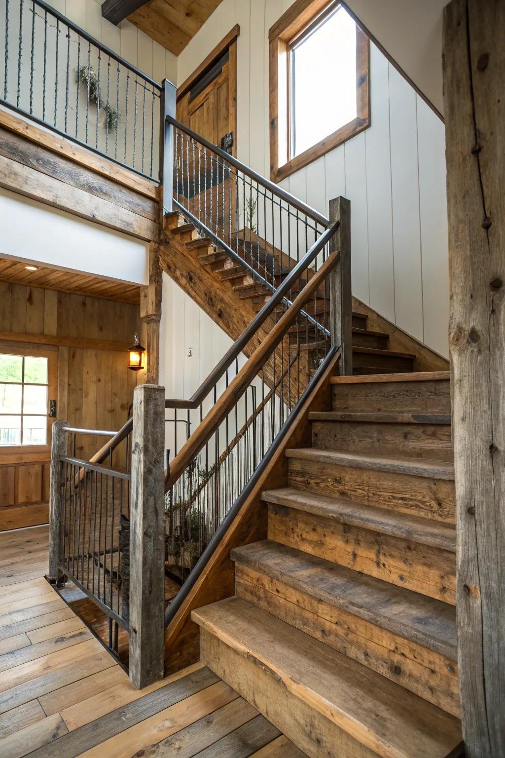 Mixed textures add depth to a farmhouse staircase.