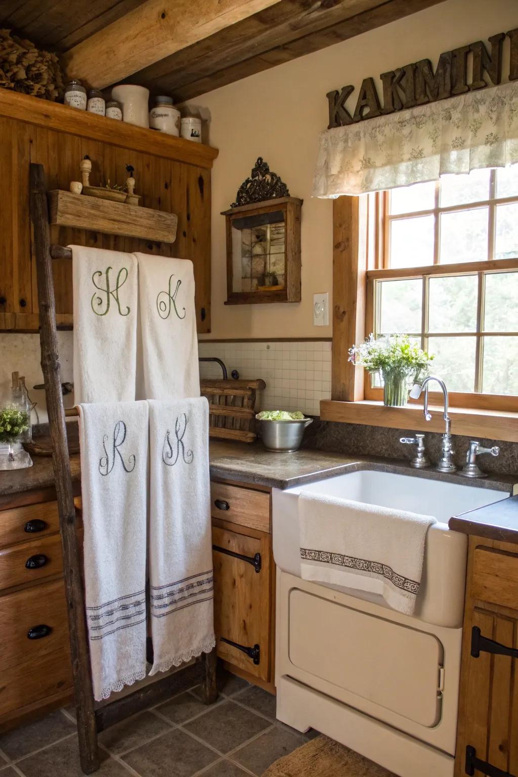 Personalized touches making a farmhouse cooking area uniquely inviting.