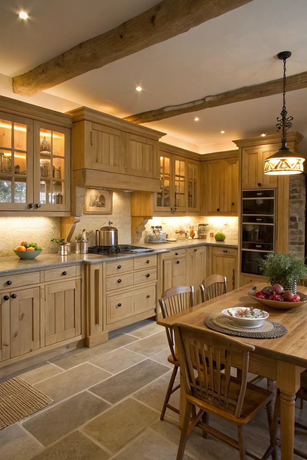 Under-unit illumination showcases the charm of pale timber cabinetry.
