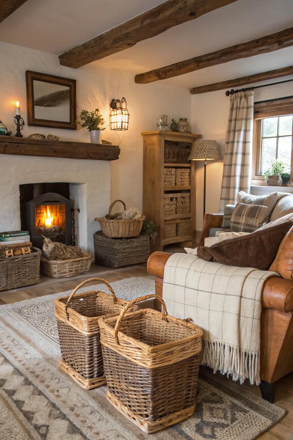 Wicker baskets provide storage and texture in this farmhouse living space.