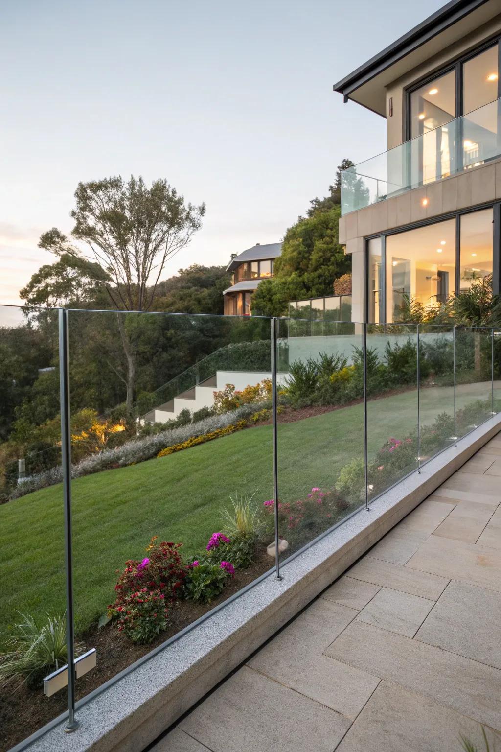 Glass panel fencing introducing a modern, open atmosphere.