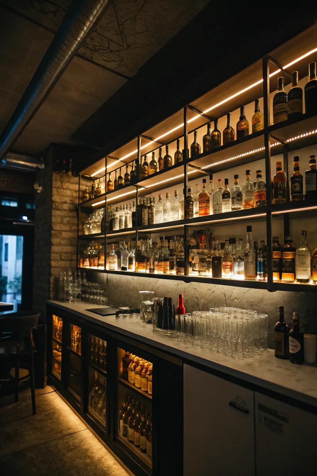 Create a dazzling display with glam lit shelves inside your basement bar.