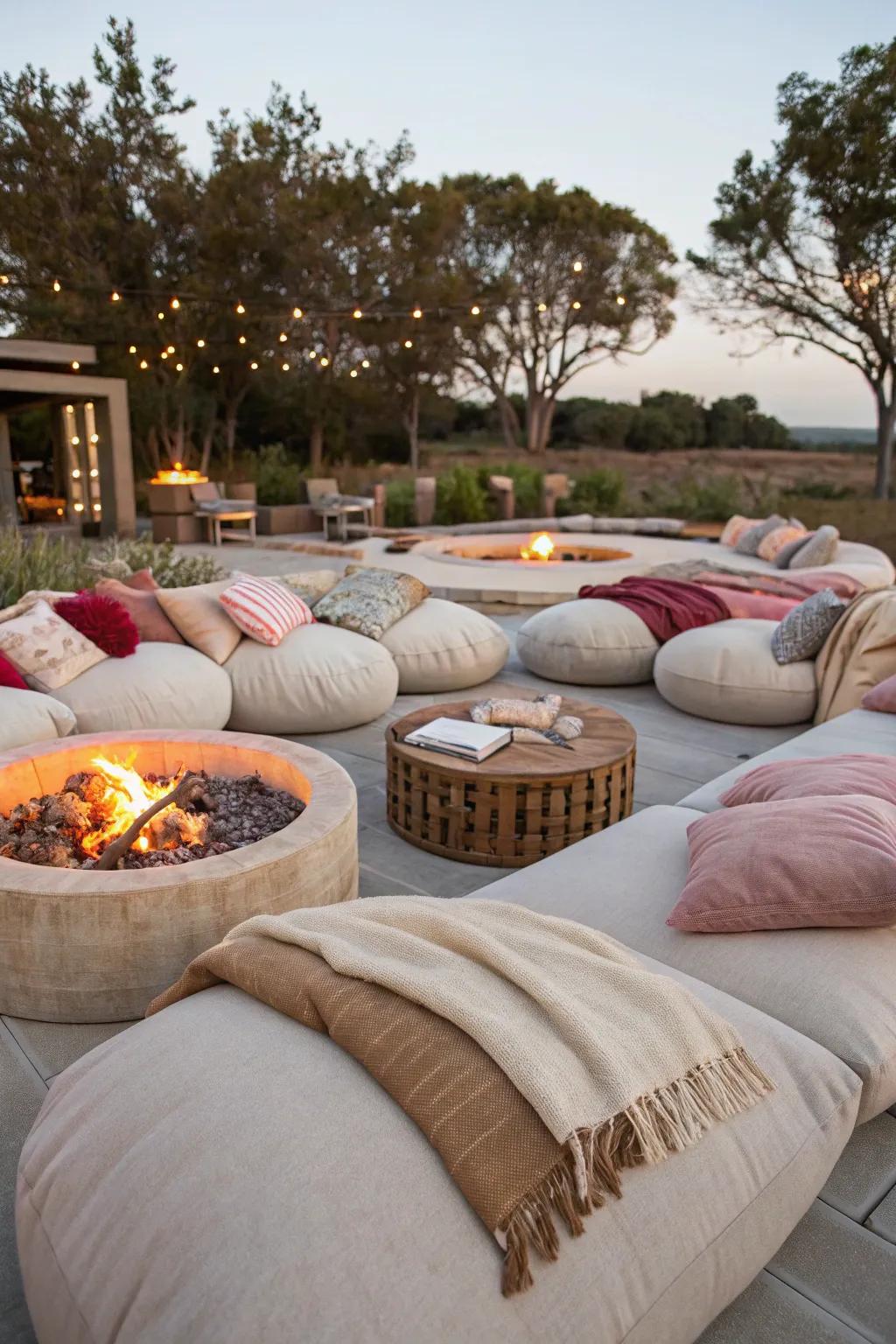 Oversized cushioned loungers provide luxurious comfort by the fire.