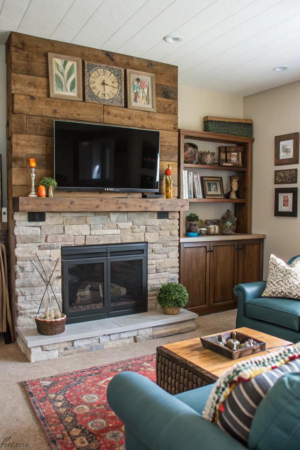 A family room showcasing a mixed material fireplace wall through TV.