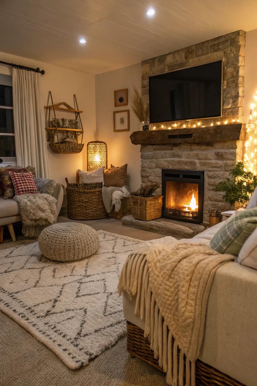 A cozy living room featuring mixed textures.