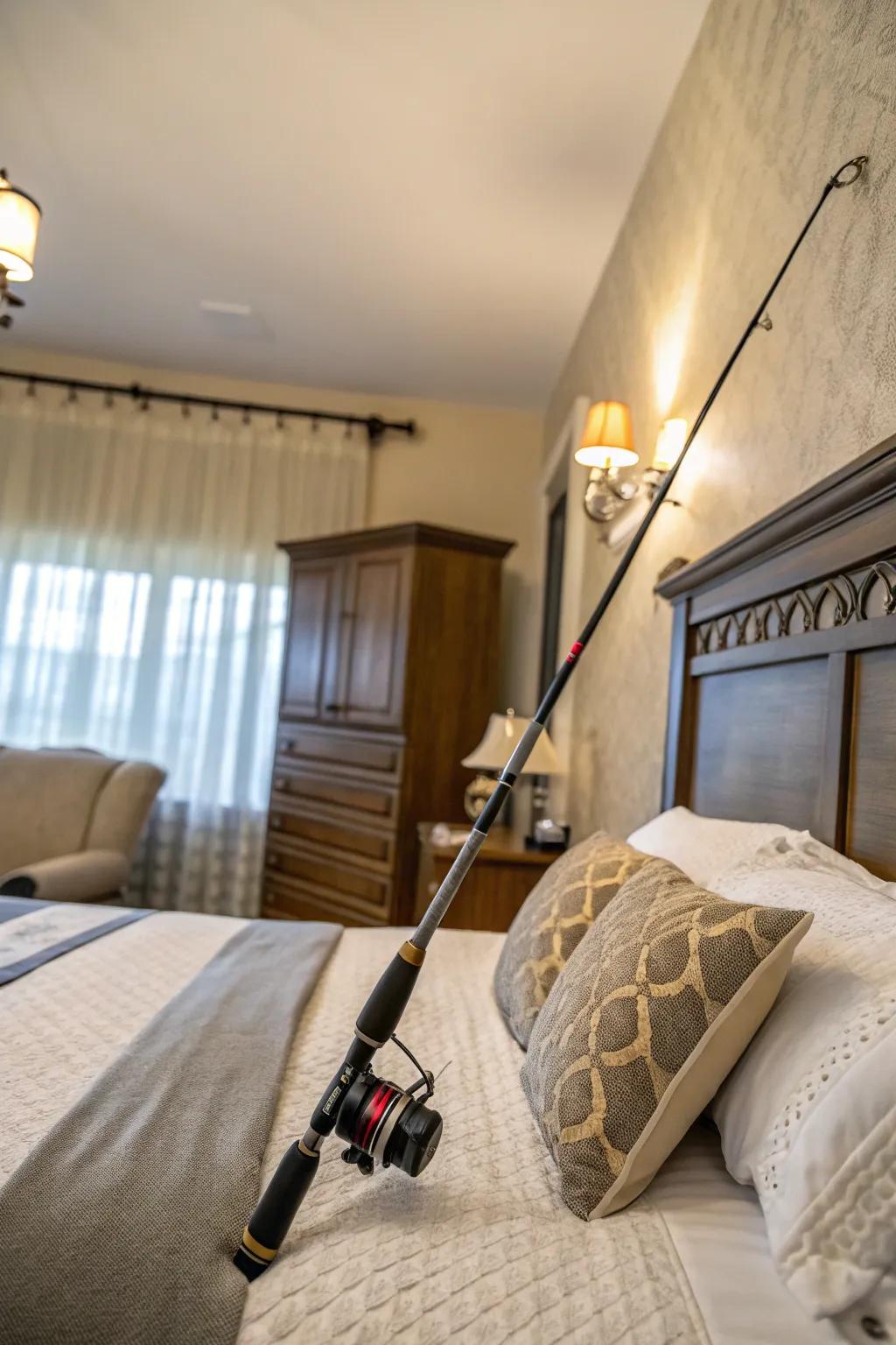 An angling tool headboard offers a unique bedroom vibe.