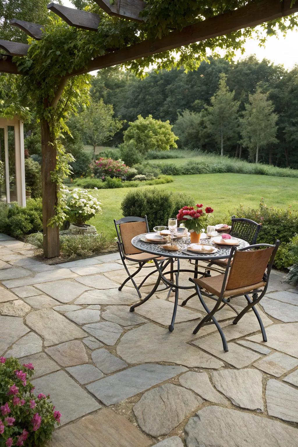 A useful dining space nestled on a flagstone patio.