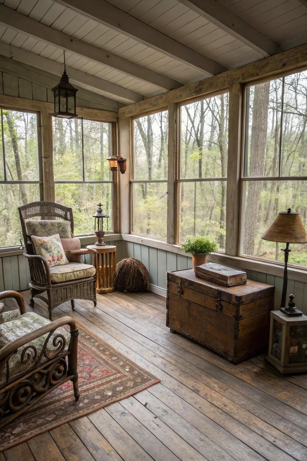 Salvaged timber flooring adds character and sustainability to this room.