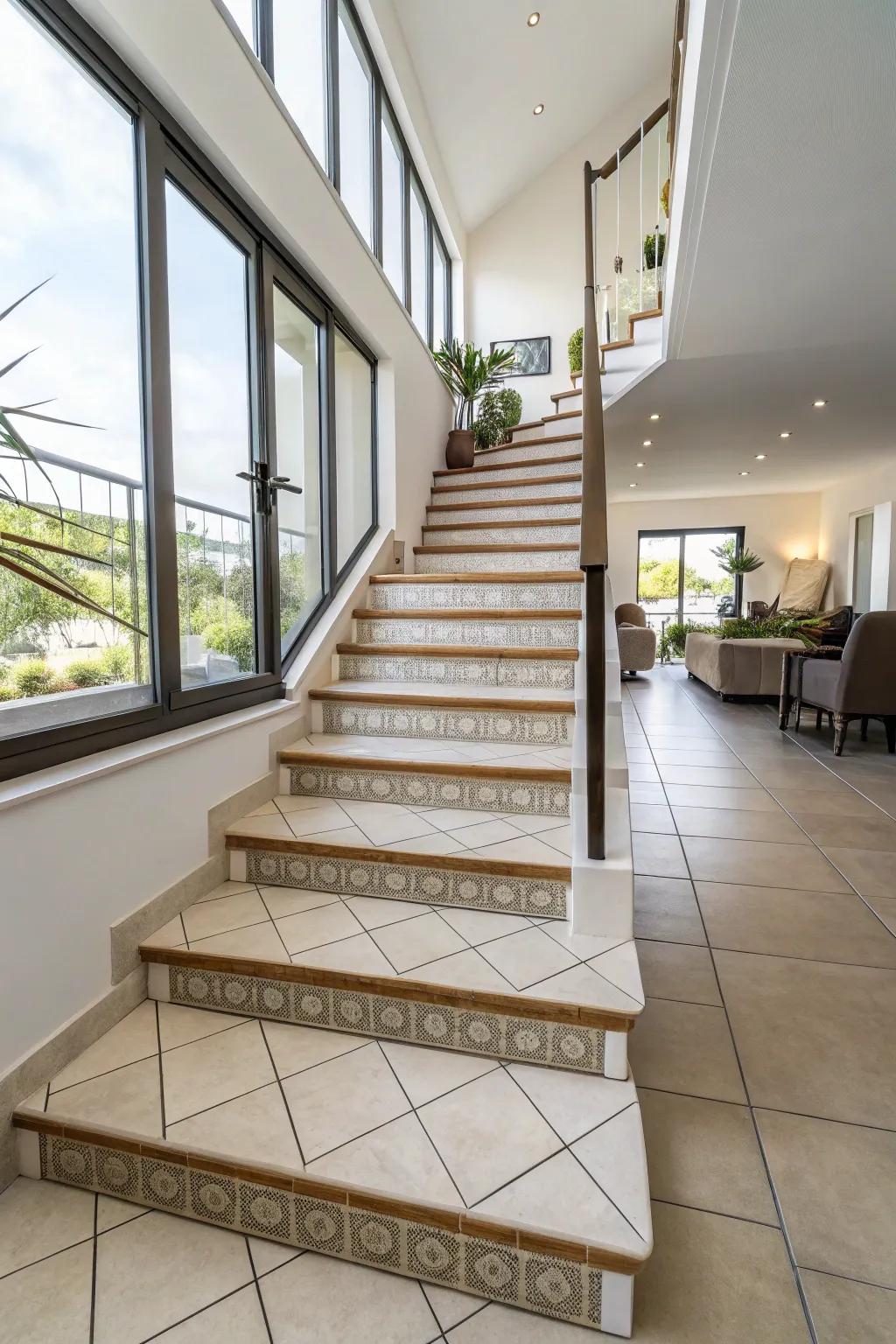 Ceramic tiles offer durability and style for high-traffic staircases.