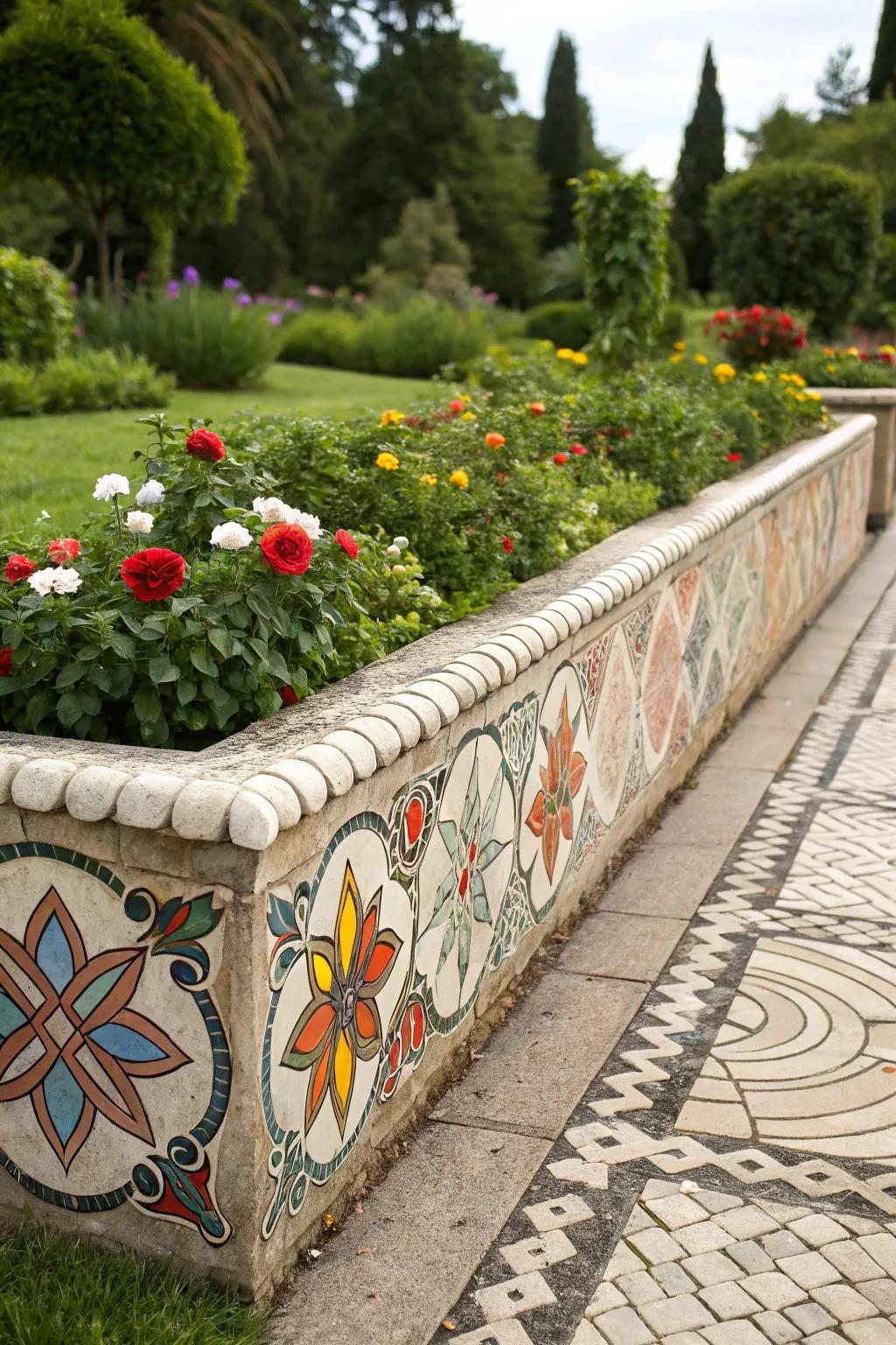 Mosaic stones rendering a colorful and artistic flower bed border.