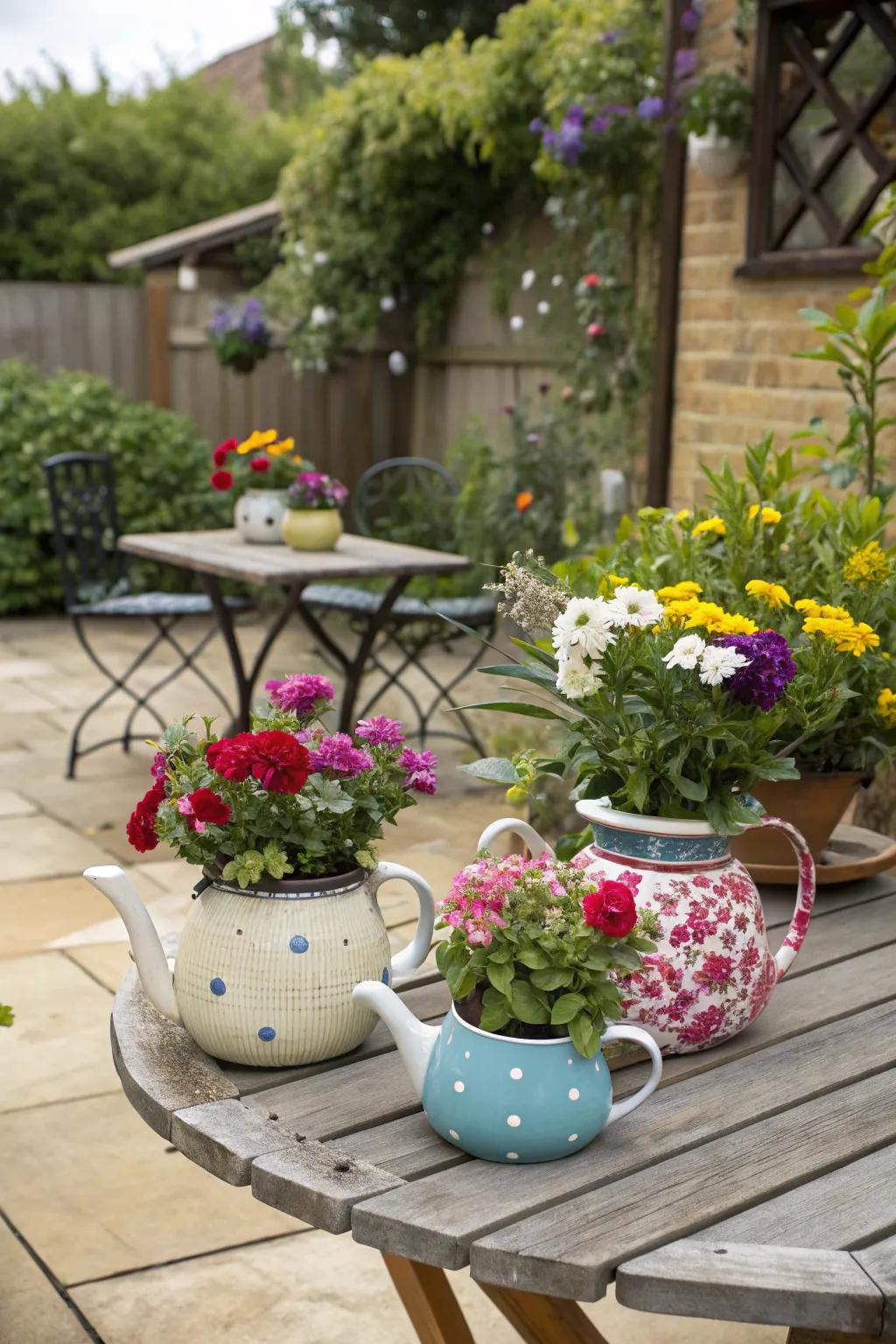 Incorporate a whimsical alteration through tea kettle plant holders.