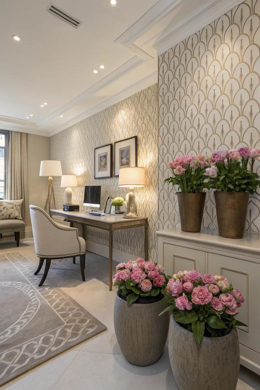 Wallpapered flower containers introducing texture and elegance.
