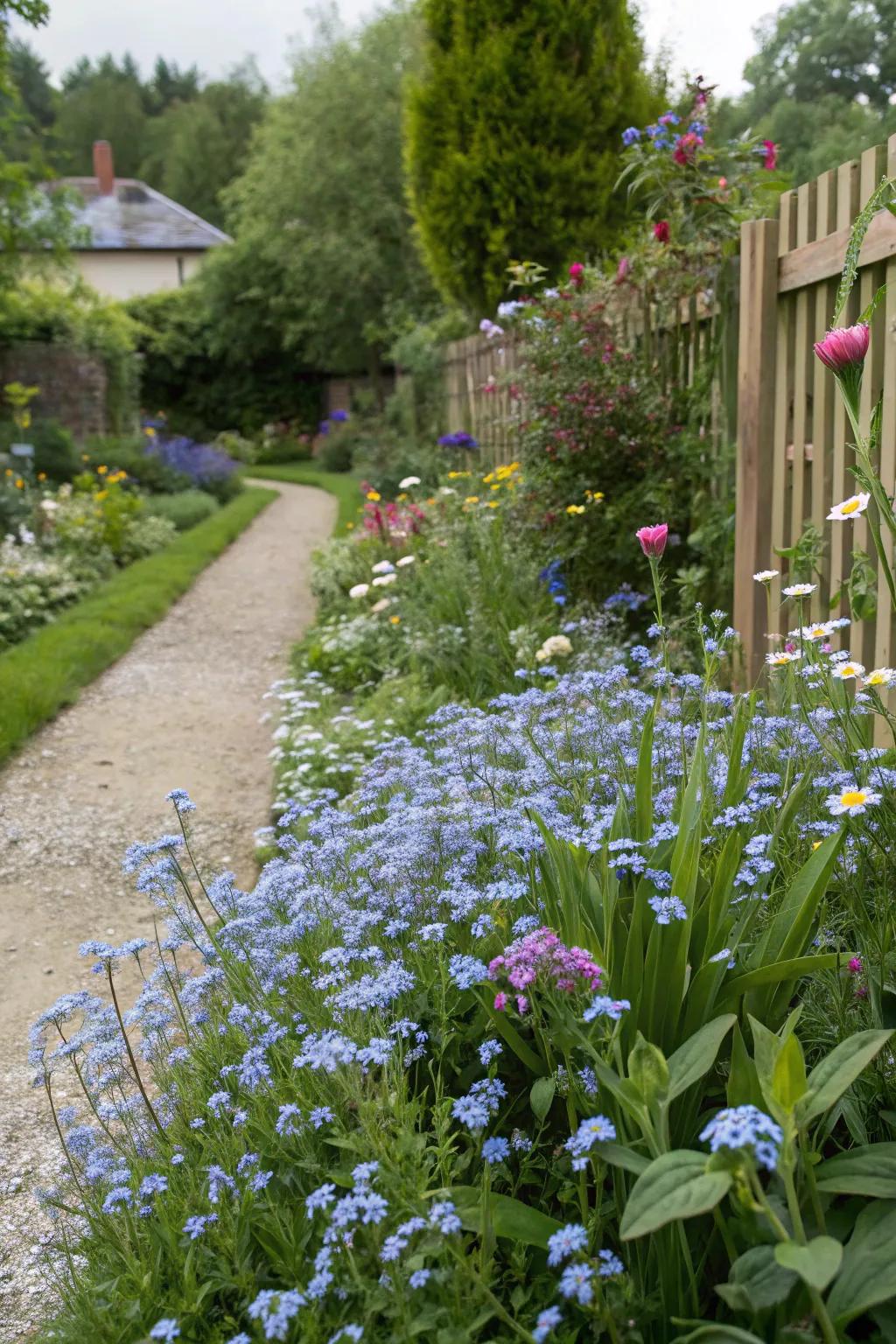 Quaint garden vogue with forget-me-nots extends informal charm.