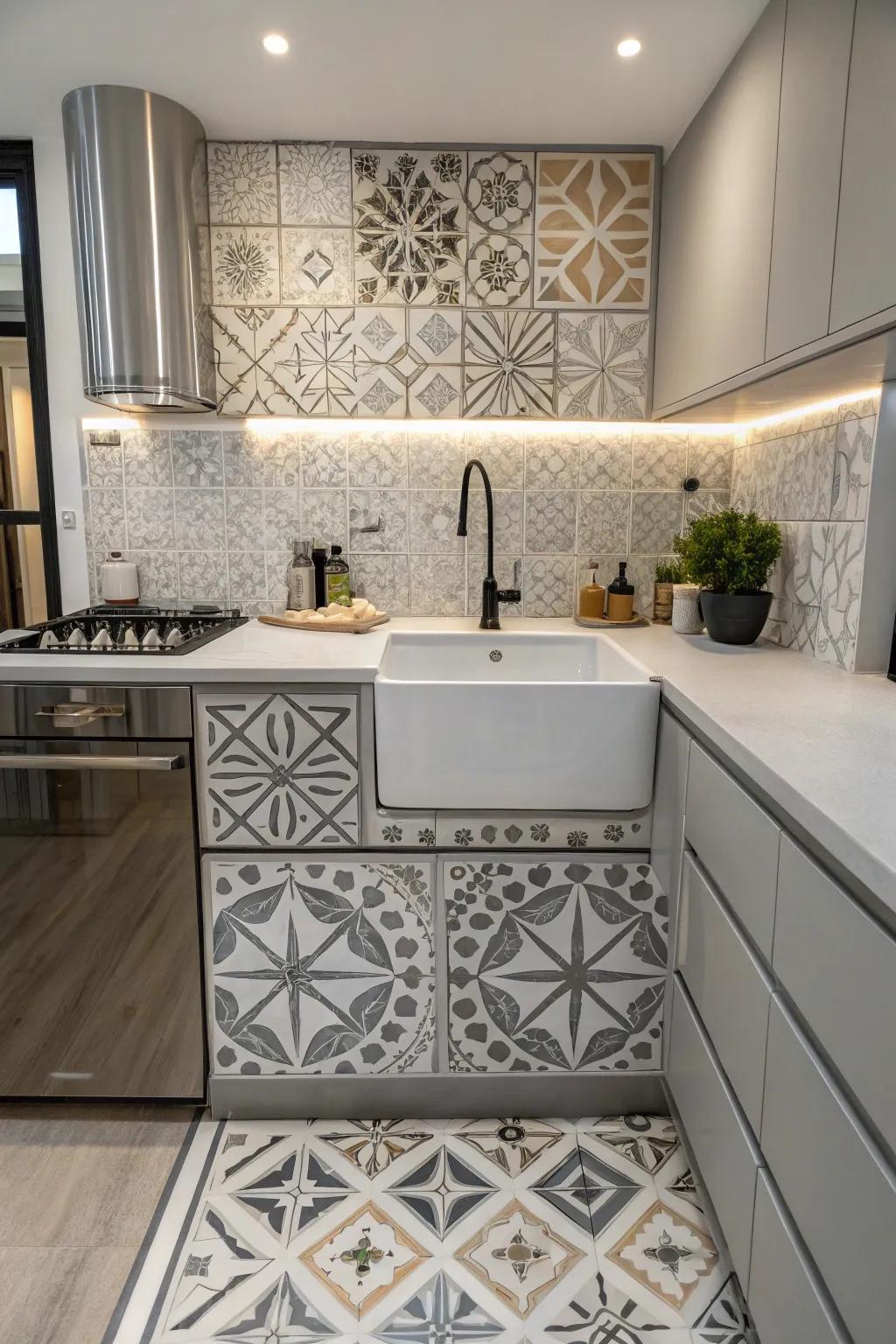 A modern kitchen showcasing geometric patterns that enhance an unattached sink space.