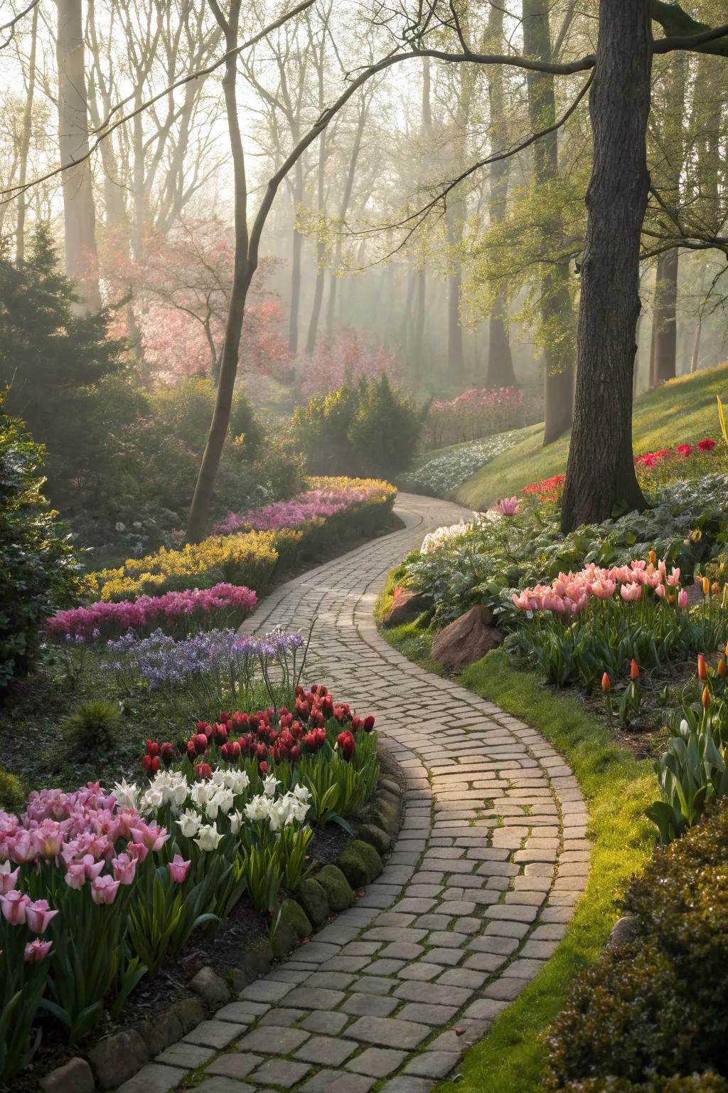 Country stone pathways leading through a floral haven.