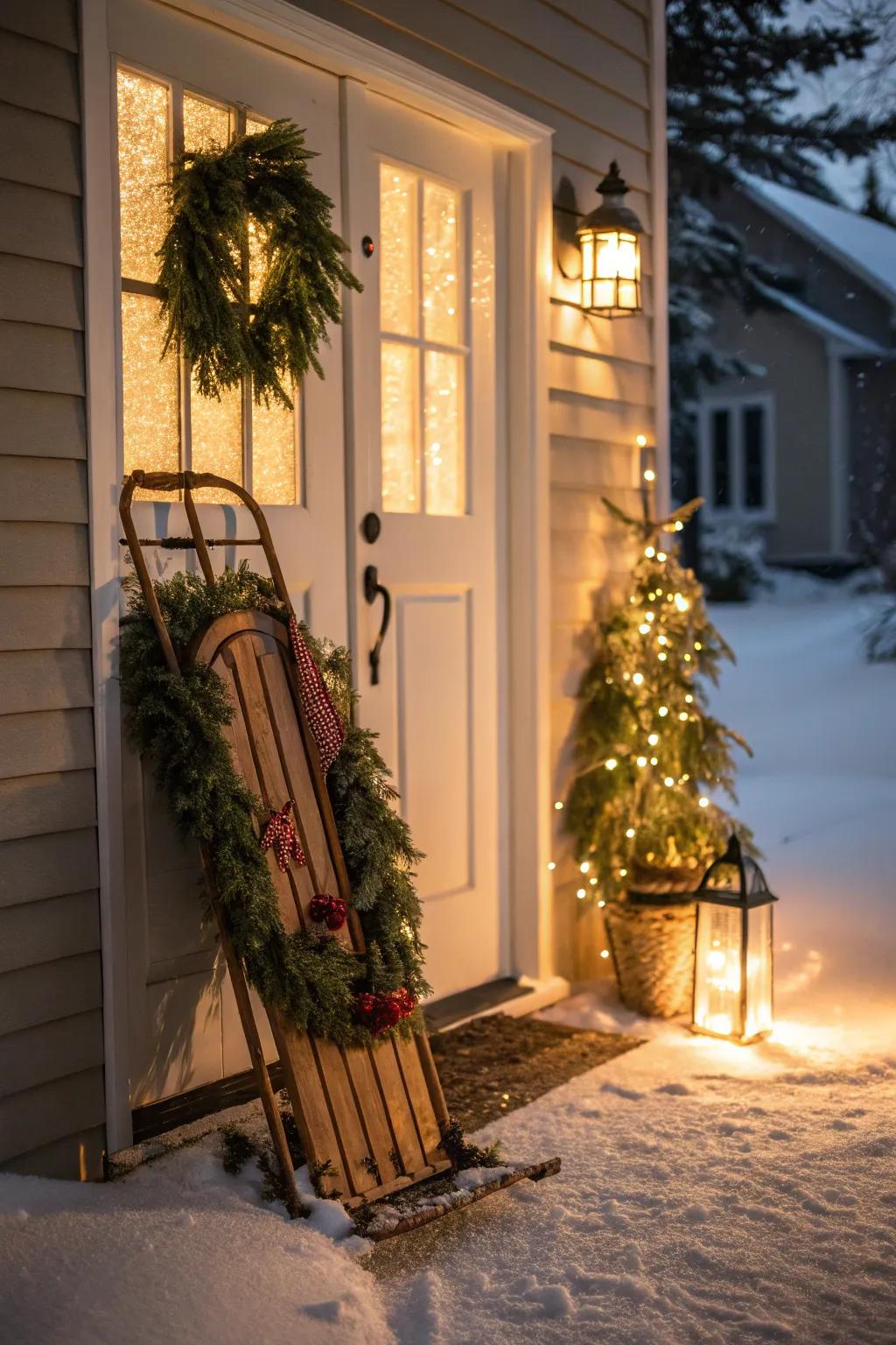 A vintage sled conjures nostalgic winter charm.
