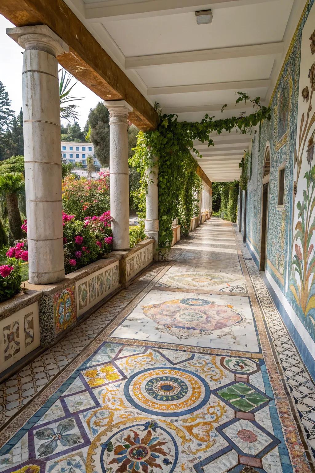 A lively walkway featuring a colorful tiled design.