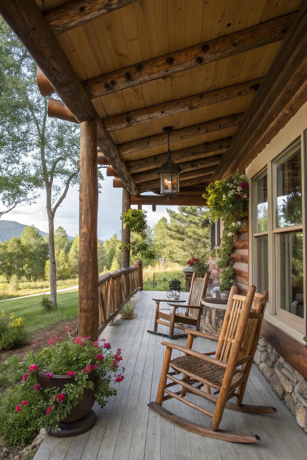 Stained log awnings offer rustic charm.
