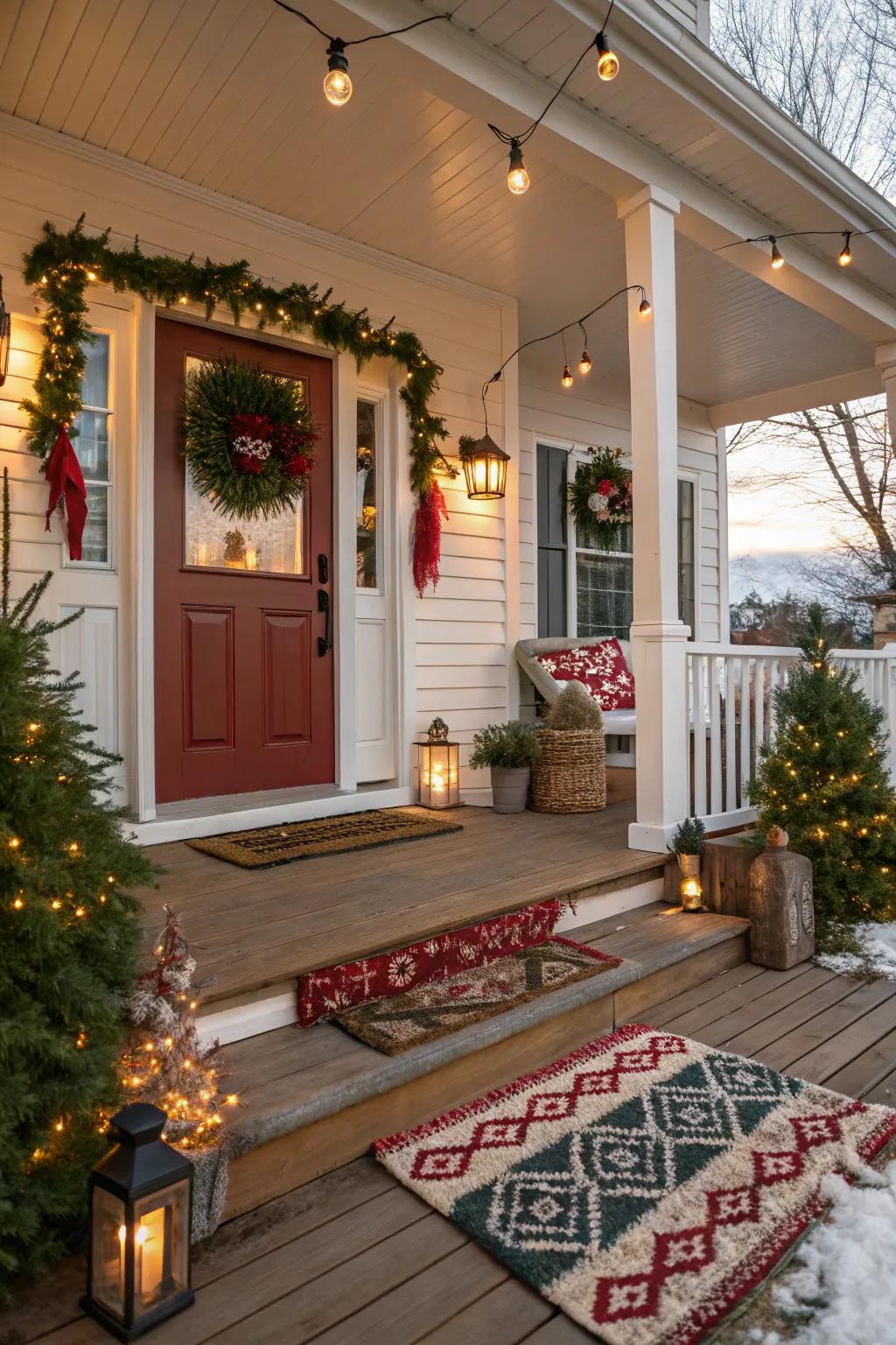 A festive rug beautifully unifies your holiday ornamentation.