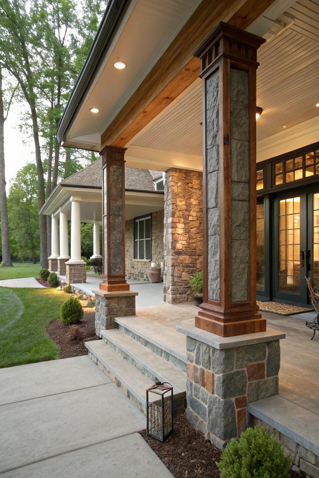 A customized, eclectic porch design is achieved when using mixed materials on columns.