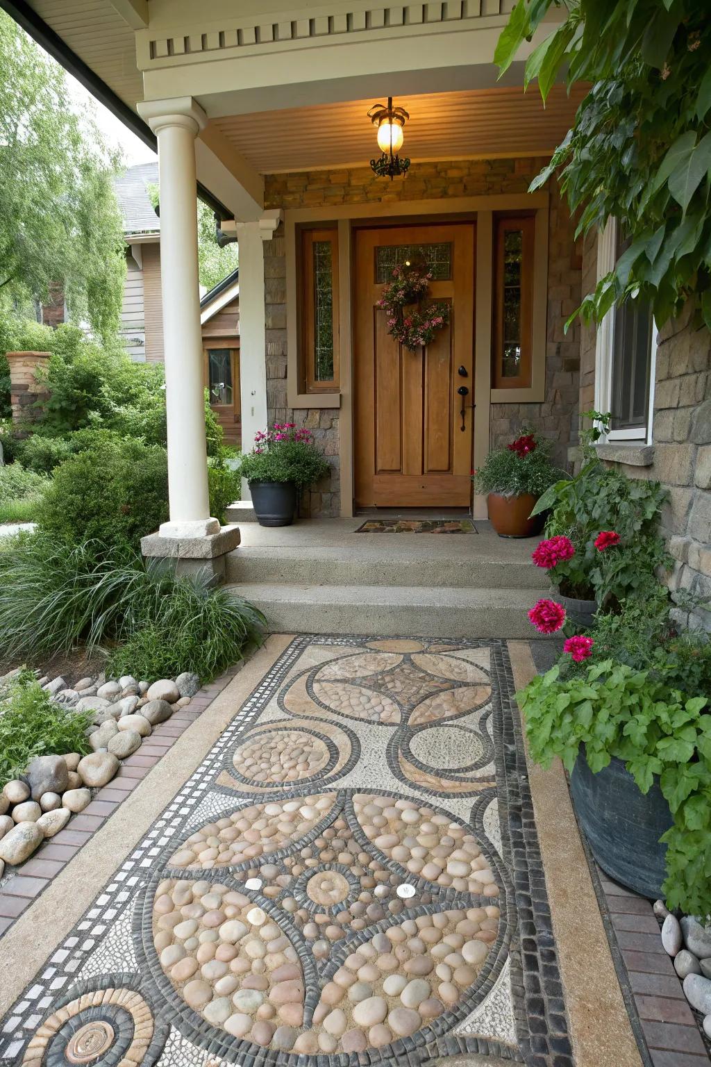 Pebble mosaic flooring adds artistic flair and texture to porches.