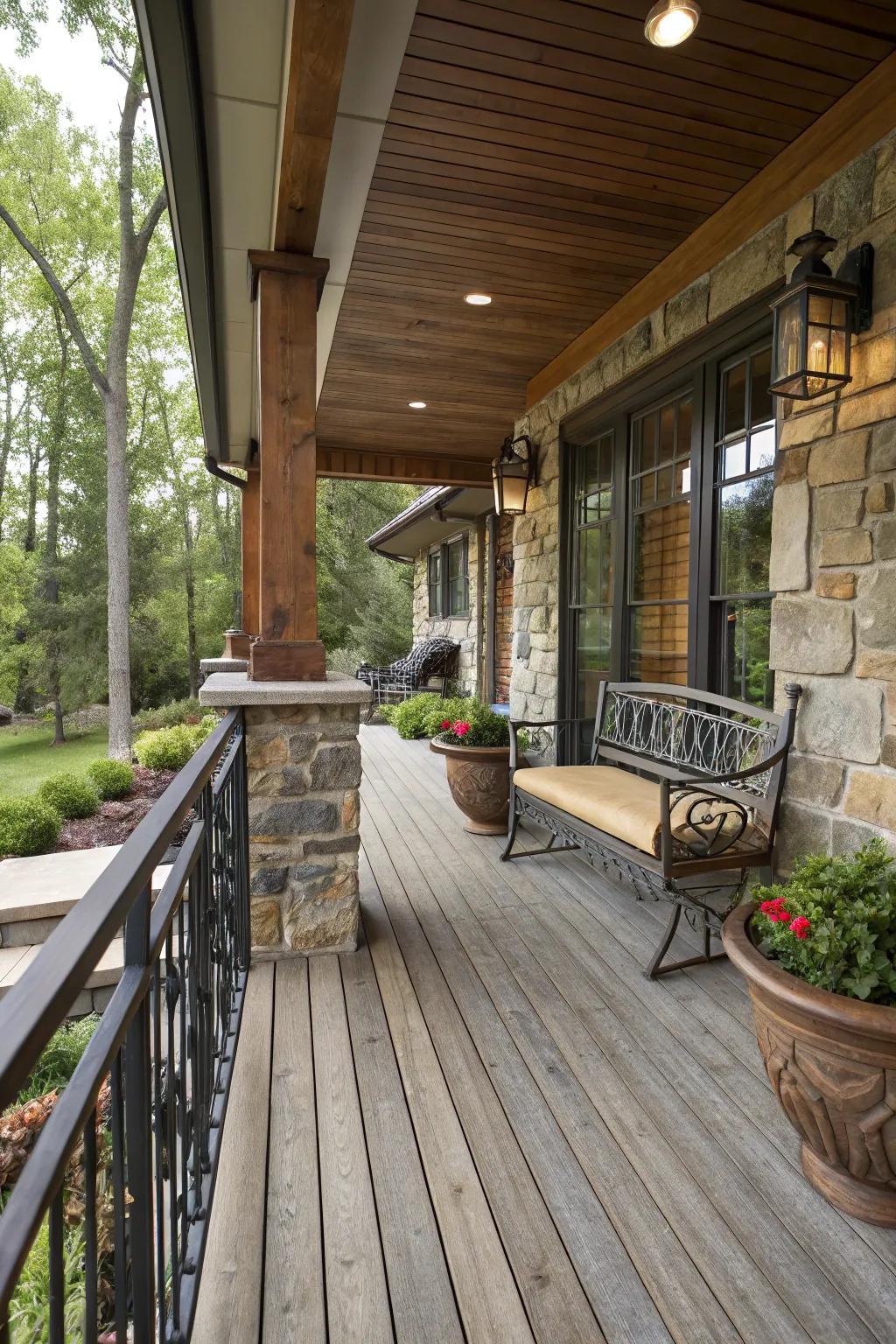 A mix of wood, stone, and metal elements adds texture to this porch.