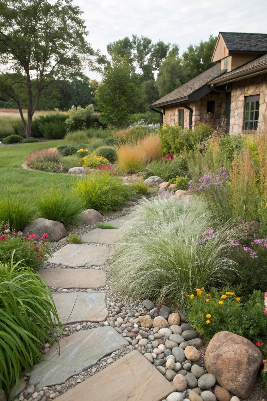 A corner lot garden showcasing a variety of surfaces for visual interest.
