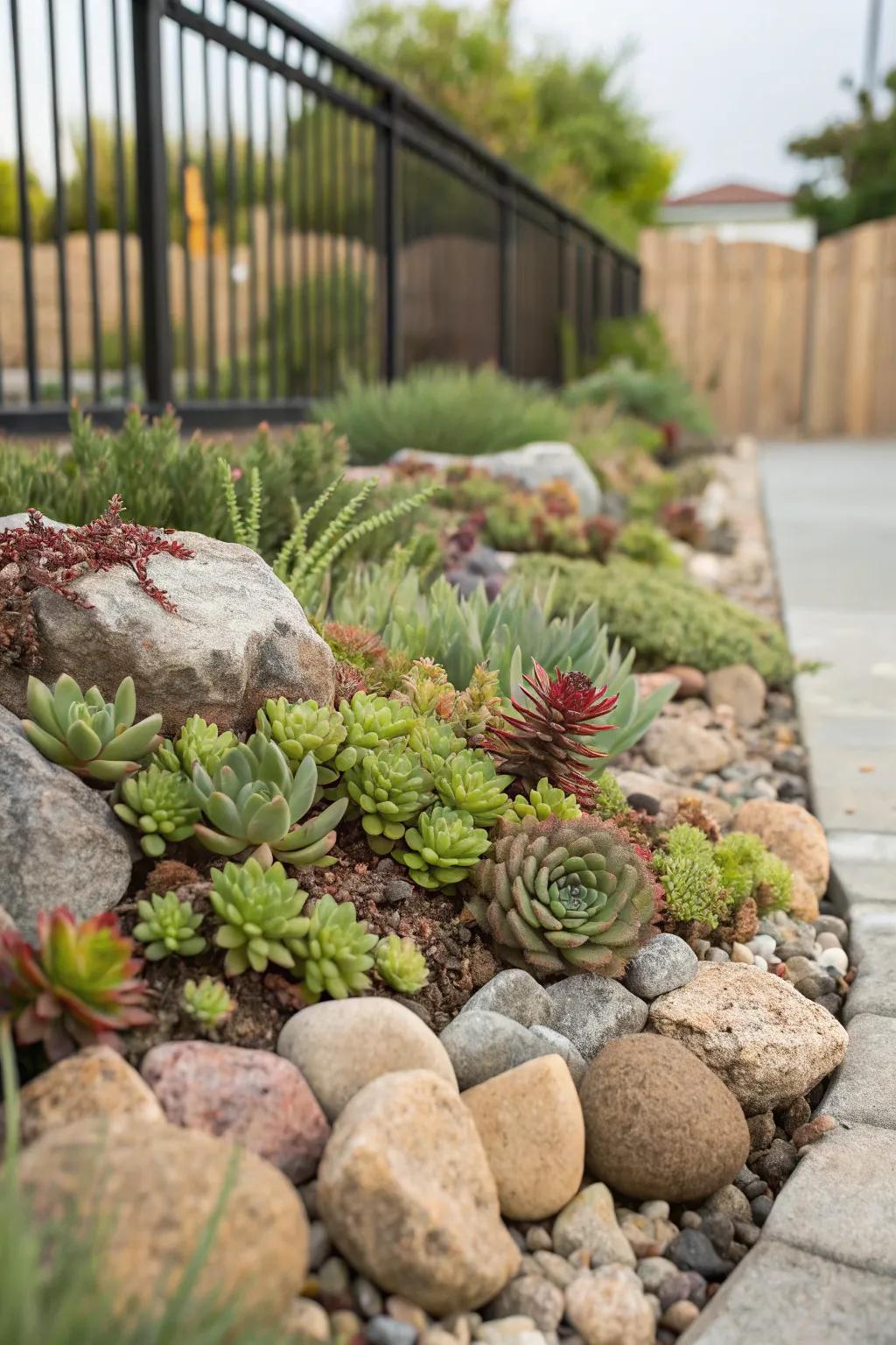 Rock gardens add texture and decrease maintenance requirements.