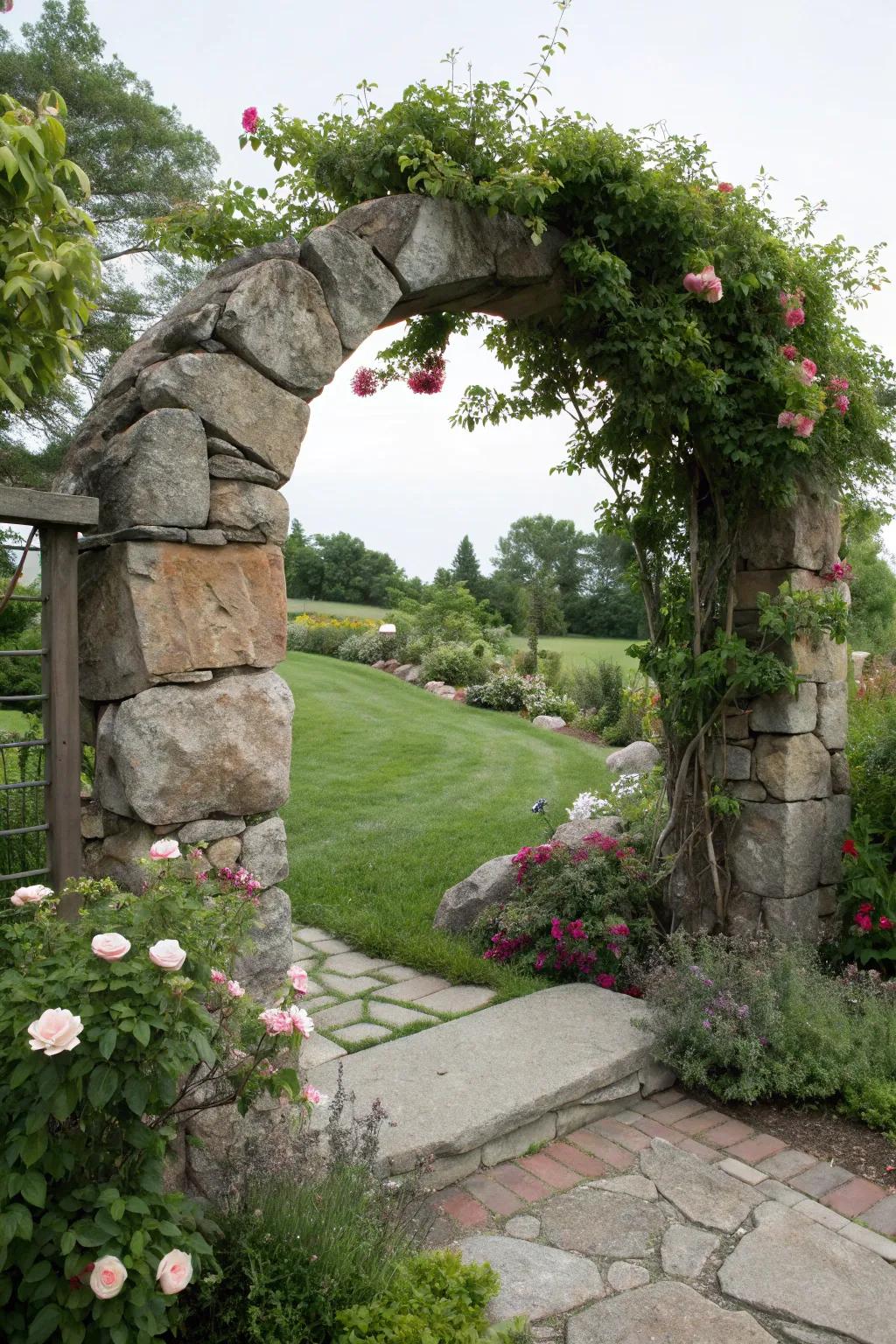 A stone entrance serving as an inviting gateway to a front yard garden.